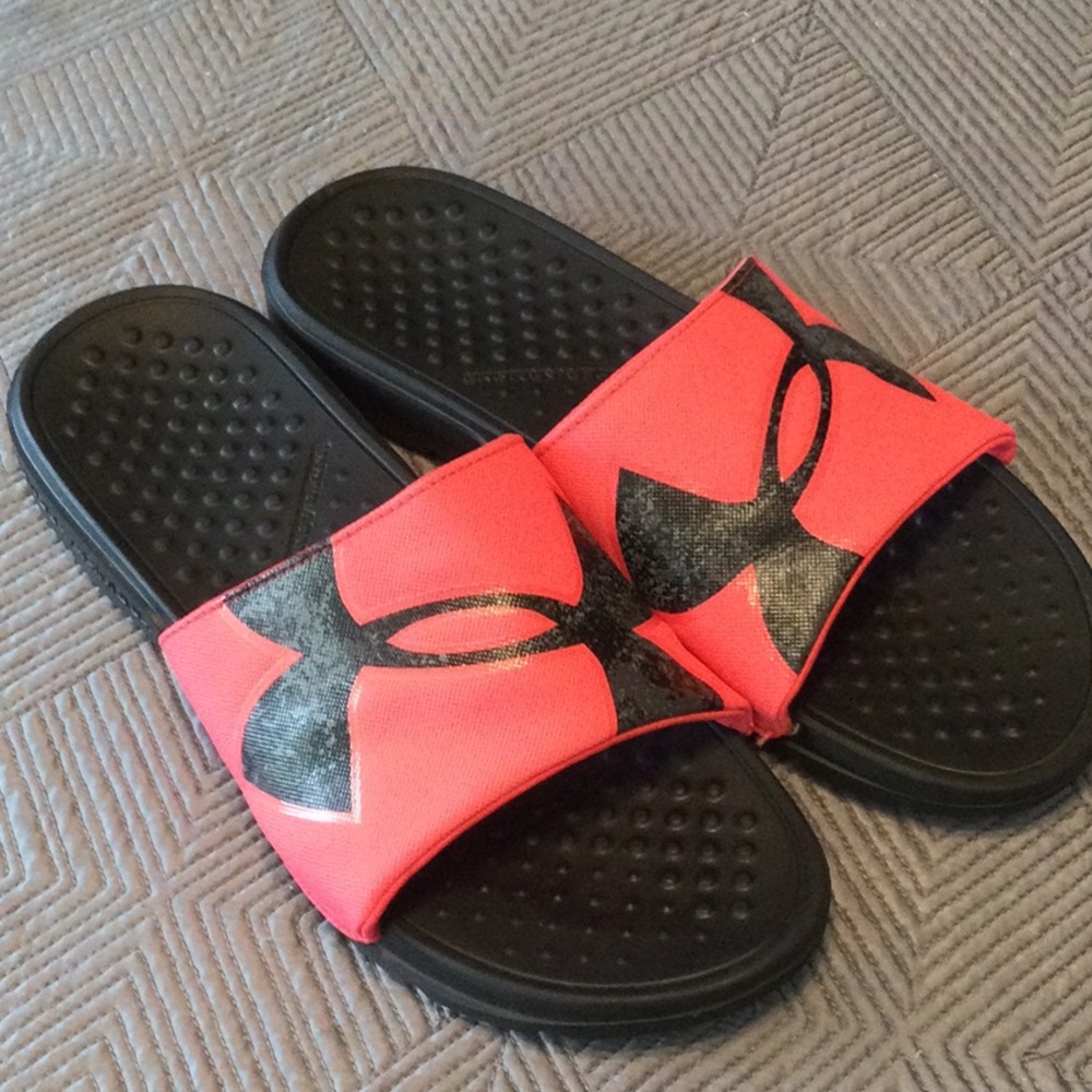 Under Armour size 11 pink and black slides for women